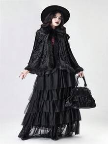 ROMWE Goth 复古宫廷拼布人造毛领钻石天鹅绒蕾丝边哥特式斗篷 - 黑色 - 查看 3
