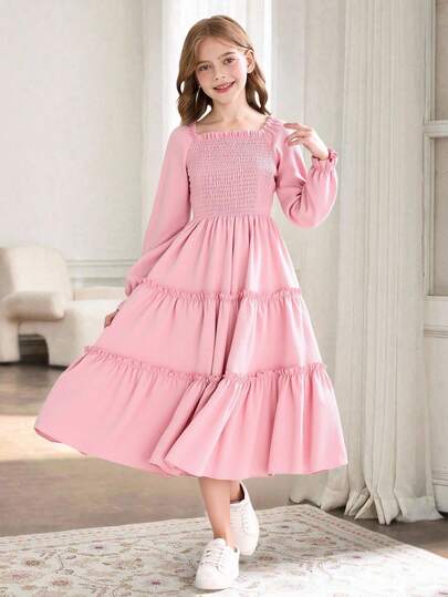SHEIN Girls' Solid Color Square Neck Puff Sleeve Shirred Waist Ruffled Hem French Style Sweet Midi Dress Belle Elegant Pink Teen Dress
