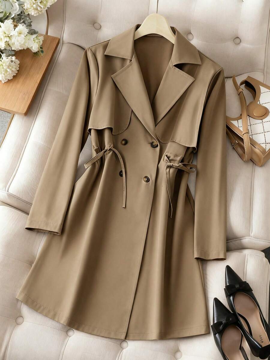 Franclia 女士时尚优雅休闲办公室风衣，腰部抽绳，中长款，春秋季新年服装