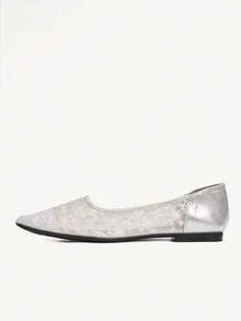 CUCCOO CHICEST Women's Fashion Pointed Toe Silver Lace Mesh Breathable Elegant Comfortable Casual Flat Shoes - Silver - View 4
