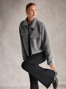 SHEIN Unity Gray Metallic Zipper Loose Fit Short Jacket For Women - Dark Grey - View 4