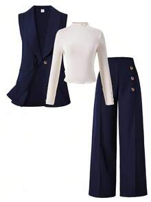 3pcs/Set Casual Sleeveless Blazer Jacket (With Long Sleeve Top And Pants) For Teen Girl Suitable For Everyday Casual And Commuting Wear