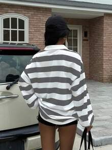 SHEIN EZwear 女式条纹学院风立领拉链宽松长袖运动衫秋冬女装 - 彩色 - 查看 2