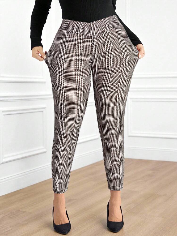 Plus Size Winter Women Cross Waist Plaid Print Elastic Waist Elegant Casual Pants For Commuting
