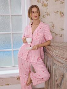 CottageSlumber Pink Striped & Ditsy Floral Lapel Short Sleeve Pajama Set For Women Pj Sets For Women Short Sleeve Lingerie Pajamas Set Pajamas Set For Woman Women Sleep Wear Set - Multicolor - View 3