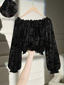 GlowEve Women's Fashionable & Elegant Jacquard Flocked Mesh Off Shoulder Lantern Sleeve Long Sleeve Cropped Top - Black - View 3