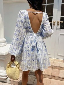 SHEIN Frenchy Women's Starfish & Shell Print Lantern Sleeve Mini Dress,Elegant White And Blue Autumn Vacation Holiday Casual Ruched Waist French Wedding Guest Dress - Blue and White - View 4