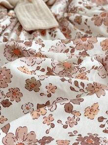 Loomiva Young Girl Floral Print Round Neck Puff Sleeve Waist Cinched Dress - Multicolor - View 3