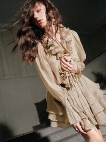 Anewsta Savoree 短款派对连衣裙，杏色荷叶边圣诞迷你裙，时尚优雅 - 杏色 - 查看 7