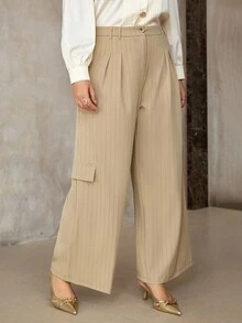 Flirla Pantalones rectos casuales y sueltos de talla grande para mujer, de cintura media con rayas tejidas - Caqui - Ver 7
