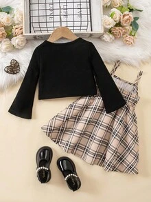 SHEIN Baby Girl & Toddler 2-Piece Plaid Dress And Black Bow Knit Cardigan Set,Elegant Preppy Style Khaki Outfit For Autumn,Family Matching Party Clothing - Multicolor - View 9