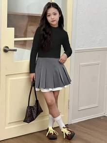 DAZY 青少年女孩高领保暖内衬修身 T 恤，适合秋季穿着 - 黑色 - 查看 2