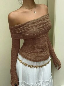 SHEIN Unity Áo ren xếp nếp trễ vai mỏng tay dài mùa thu - màu nâu - Xem 3