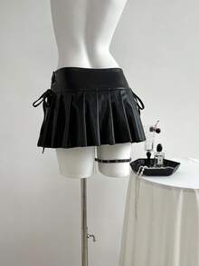 Elamini 1pc Black Studded Lace-Up Low Waist Pleated A-Line Mini Skirt, Versatile & Sexy, For Holiday & Outdoor Wear