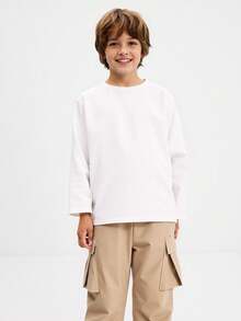 SHEIN 青少年男孩休闲长袖 T 恤套装、侧袋 3D 贴片宽松直筒纯色梭织裤、工装裤 - 卡其色 - 查看 7