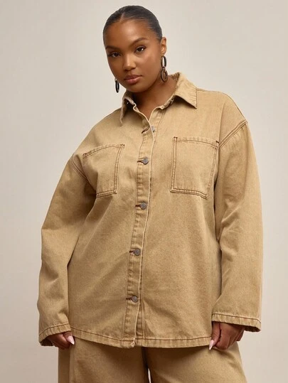 MUSERA Plus Size Washed Button Through Denim Jacket , Winter, Everyday, Cute, Casual, Cosy