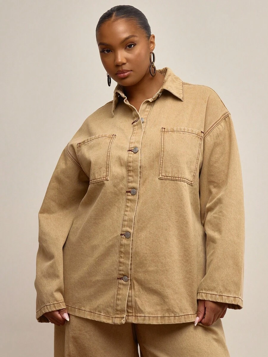 MUSERA Plus Size Washed Button Through Denim Jacket , Winter, Everyday, Cute, Casual, Cosy - Yellow - View 1