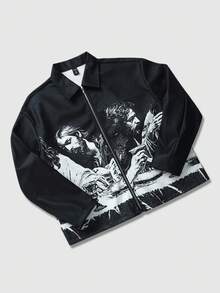 ROMWE MEN Street Life 男士复古宗教肖像印花夹克，适合秋冬季穿着 - 黑色 - 查看 6