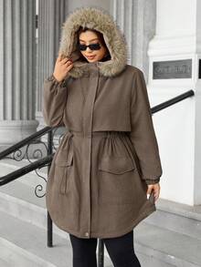 Easura Plus Size Vintage Waist-Cinched Mid-Length Hooded Long Sleeve + Detachable Fur Collar Padded Coat