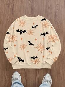 Manfinity VCAY Halloween Pattern Sweatshirt For Men Fun Pumpkin Print Loose Crew Neck Long Sleeve Pullover Sweatshirt, For Fall Winter - Apricot - View 2