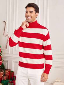 Manfinity RelaxMax Men's Striped Turtleneck Long Sleeve Sweater, Christmas Family Set - Red - View 5