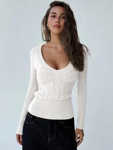 Aloruh Fashionable Deep V-Neck Long Sleeve Fitted Vintage Cable Knit Pullover Sweater,Elegant White Autumn Casual Top For Women,Versatile Date Knitwear - White - View 7