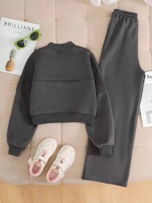 少女秋冬季保暖休闲时尚校园街头风运动卫衣外套，饰有涂鸦和爱心印花，拉链针织拼接短款连帽衫，搭配同款宽松直筒运动裤，两件套，深灰色返校套装 - 深灰色 - 查看 2