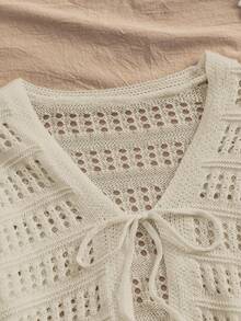 Travachic Áo len cardigan dệt kim khoét lỗ màu trơn đơn giản cho nữ, trang phục móc thanh lịch cho nữ, quần áo Cottagecore mùa thu đông cho nữ - Màu be - Xem 5
