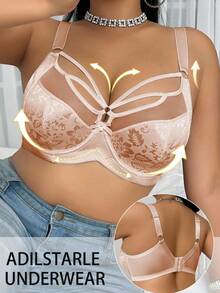 SHEIN Sujetador con aros de unicolor y contraste de malla jacquard, para levantar, talla grande - Albaricoque - View 6