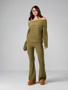 MISSGUIDED 罗纹针织露肩两件套长袖露肩毛衣喇叭裤冬季舒适套装家居服圣诞节 - 綠色 - 查看 4