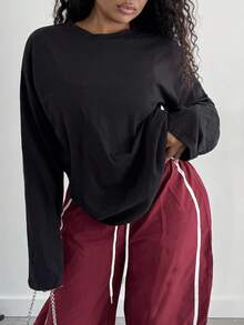 Alexandranx Loose Long Sleeve Top Casual Summer Spring Vacation Casual Cute Everyday Oversized Tee Airport Holiday Fall Back To School Autumn Winter Spring Vacation - Black - View 4