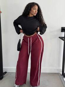 Alexandranx 女士抽绳腰阔腿休闲宽松运动哈伦裤 - 紅色 - 查看 4