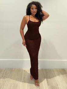 Alexandranx Solid Texture Bodycon Backless Cami Dress - Coffee Brown - View 1