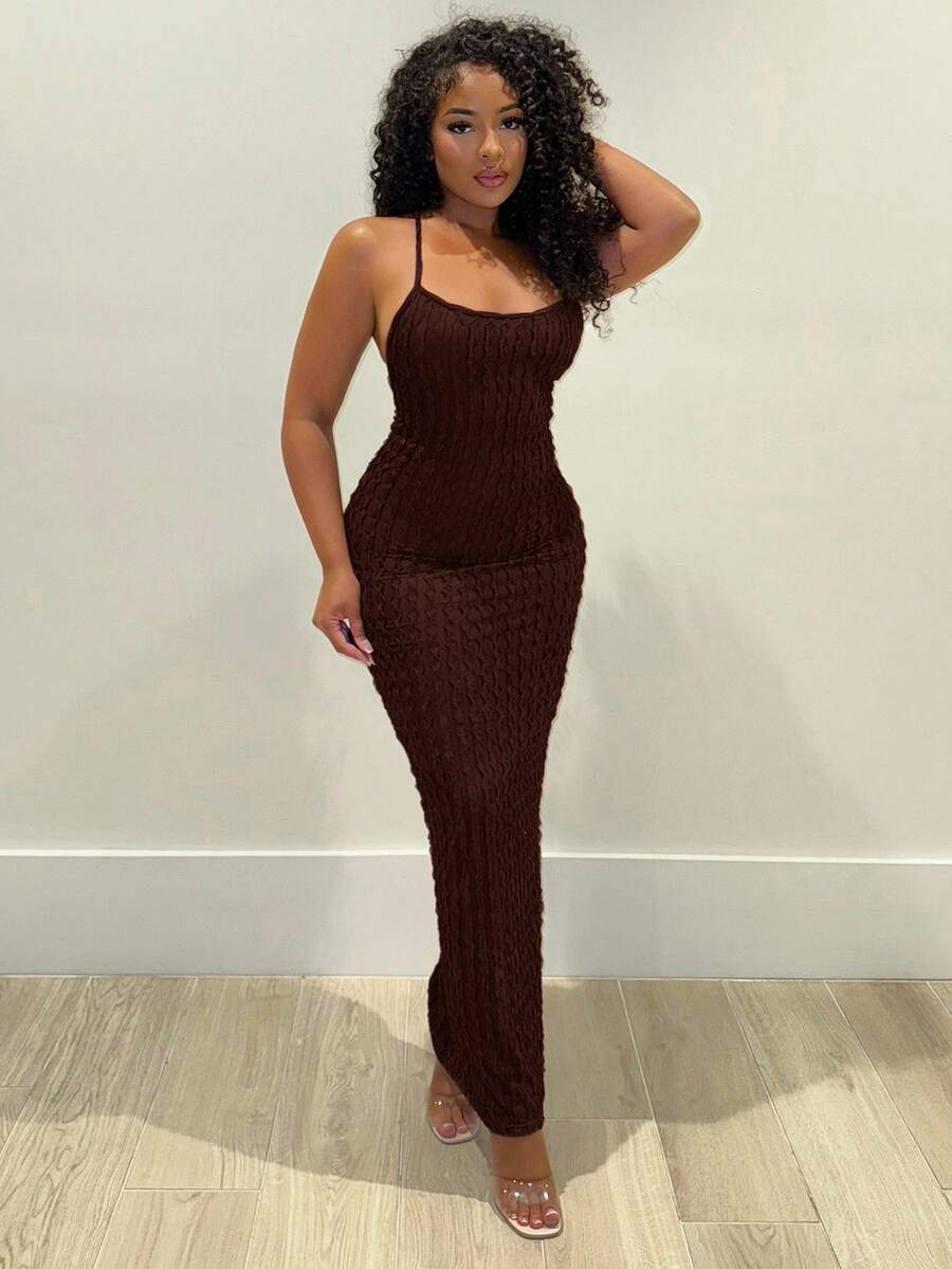 Alexandranx Solid Texture Bodycon Backless Cami Dress - Coffee Brown - View 1