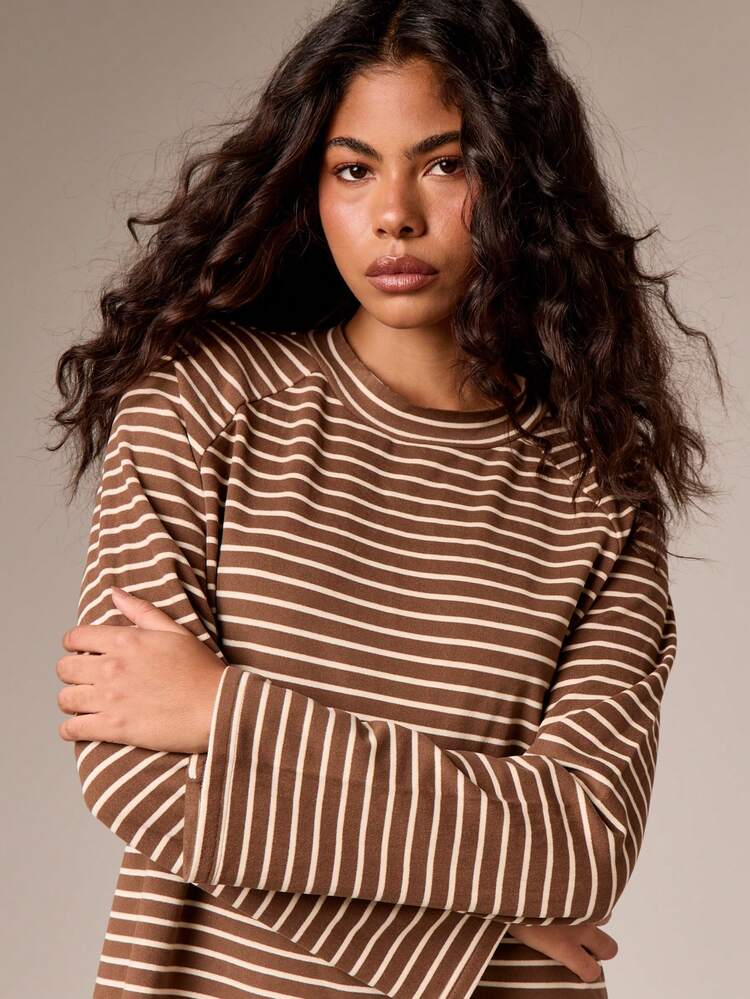 AiiRZ Oversized Long Sleeve Mini T-Shirt Dress Casual Loose Fit Fall Winter Fashion Striped Pattern Everyday Wear Basic Loungewear Comfort Streetwear