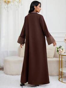 Al Najma Women's Elegant Patchwork Faux Fur Trim Abaya Robe, Autumn