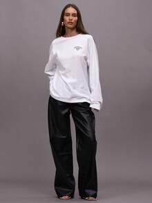 MUSERA Woven Embossed Faux Leather Wide Leg Trousers   Winter Night Out Going Out Streetwear Cute Sexy  Elegant Holiday - Black - View 1