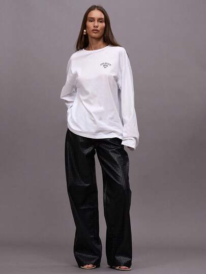 MUSERA Woven Embossed Faux Leather Wide Leg Trousers   Winter Night Out Going Out Streetwear Cute Sexy  Elegant Holiday
