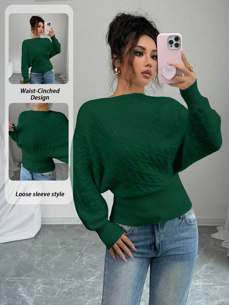 Elenzga Twisted Texture Oblique Shoulder Long Sleeve Knit Pullover Sweater, Autumn/Winter - Army Green - View 1