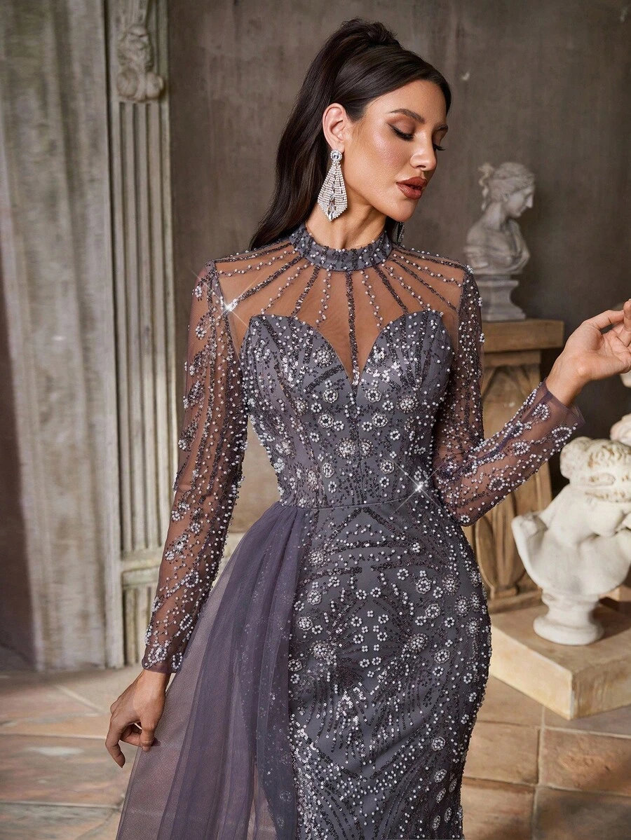 Aureia 优雅奢华串珠花卉透明长袖水钻美人鱼长裙，侧开衩，适合婚礼、派对、度假、庆典、正式活动（重度装饰）