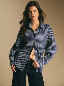 Poéselle 女士衬衫，后腰系带，宽松蓝色条纹衬衫，纽扣门襟，长袖衬衫，休闲女士通勤条纹系带衬衫，秋冬季 - 藍色 - 查看 4