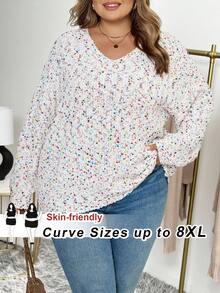 SHEIN CURVE+ Áo len chui đầu cổ chữ V nhiều màu sắc họa tiết lông xù cỡ lớn dành cho nữ, mùa thu/đông - trắng - Xem 9