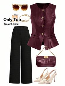 Ellevyn 女式秋季 PU 皮革黑色机车夹克背心 - 酒紅色 - 查看 8