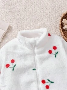 Elladie kids 甜美可愛蝴蝶結毛絨拉鍊外套，適合小女孩休閒外出，春/秋/冬童裝女款草莓女孩毛衣披肩 - 白色 - 查看 5
