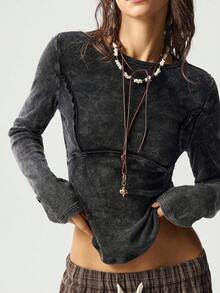 Bohemela Áo thun cổ tròn dệt kim màu trơn thường ngày dành cho nữ, tay dài - màu đen - Xem 3