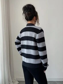 SHEIN Elenzya Women's Black Autumn Casual Striped Knit Cardigan,Streetwear Back-To-School Vintage Grunge Korean Style,Versatile Occasion Sweater For School,Work - Multicolor - View 2