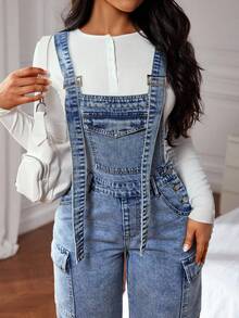 Jeanoix Plus Size Casual Washed Denim Bib Overalls - Blue - View 6