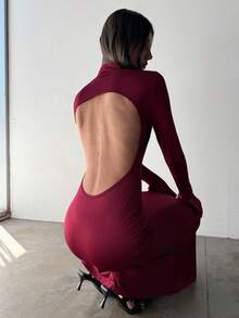 Aloruh Women's Autumn/Winter New Backless High Neck Flare Sleeve Bodycon Fishtail Dress - Burgundy - View 1
