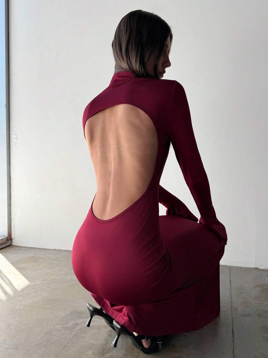 Aloruh Women's Autumn/Winter New Backless High Neck Flare Sleeve Bodycon Fishtail Dress - Burgundy - View 1
