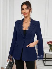 SHEIN Clasi 女士优雅中式立领收腰修身蕾丝拼接开衩袖西装外套，适合通勤、办公室、约会，黑色 - 藏蓝色 - 查看 7